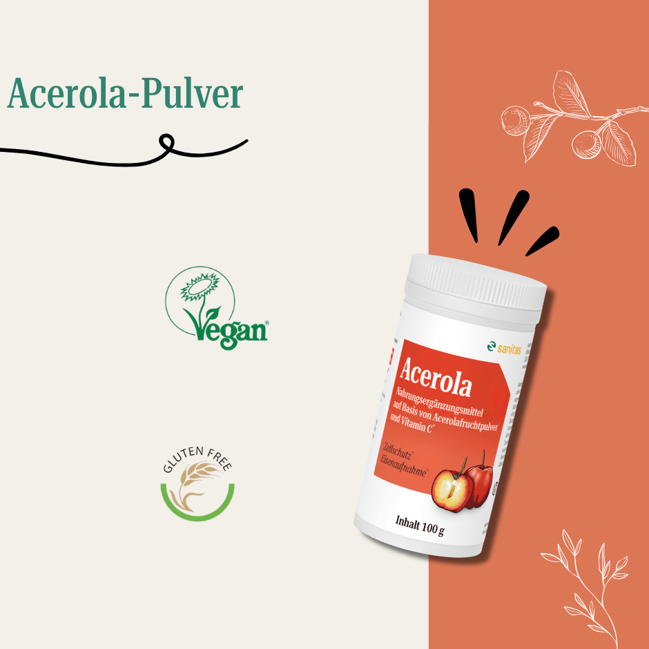 Acerola-Pulver von sanitas – 100g Dose mit vegan und glutenfrei Siegeln, Nahrungsergänzungsmittel mit Vitamin C