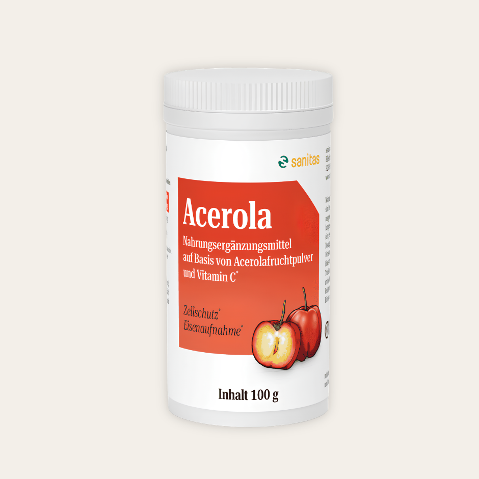 Acerola-Pulver von sanitas in weißer Dose, 100g – Nahrungsergänzungsmittel auf Basis von Acerolafruchtpulver und Vitamin C