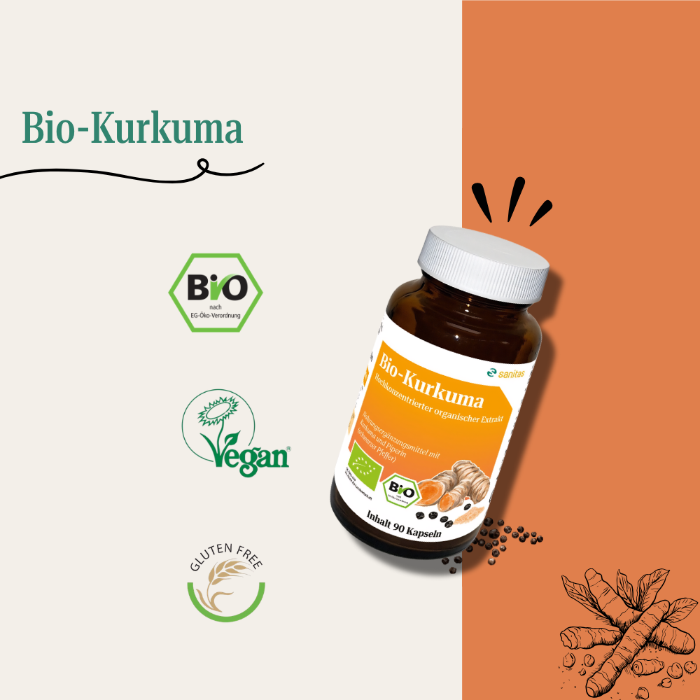 Sanitas Bio-Kurkuma Kapseln, Dose mit 90 Kapseln, daneben Bio-, Vegan- und Glutenfrei-Siegel vor orangefarbenem Hintergrund