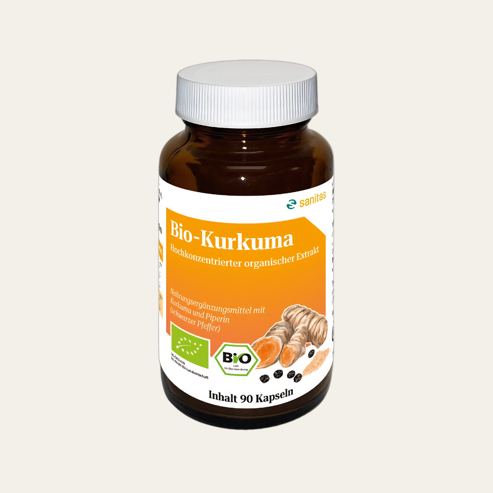 Bio-Kurkuma von sanitas – 90 Kapseln mit hochkonzentriertem Bio-Curcuma longa Extrakt und Bio-schwarzem Pfefferextrakt (Piperin), glutenfrei, laktosefrei, hergestellt in Deutschland