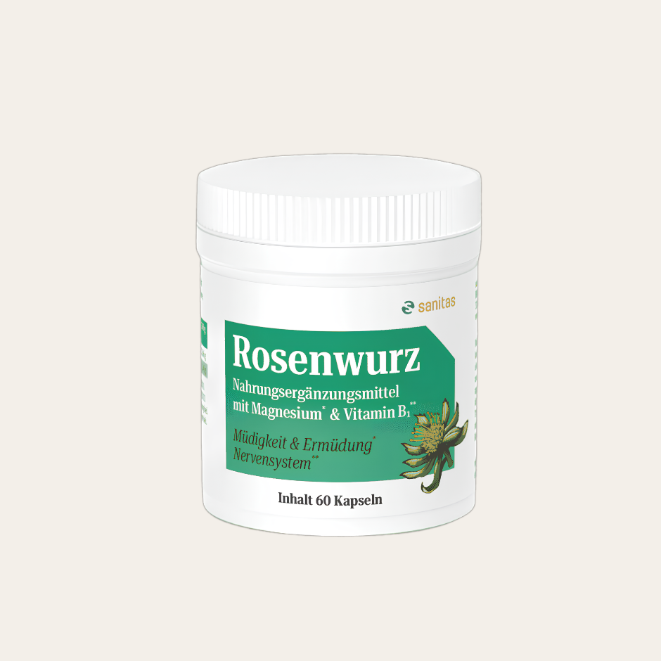 Rosenwurz von sanitas – 60 Kapseln mit Rhodiola rosea Extrakt, Magnesium und Vitamin B1, gegen Müdigkeit und zur Unterstützung des Nervensystems, vegan, glutenfrei